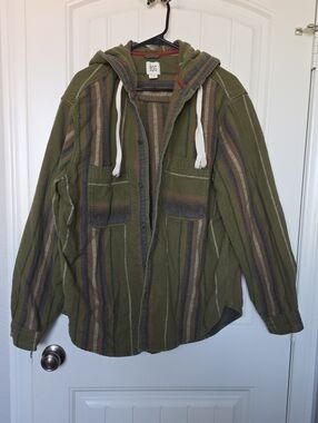 BDG Olive Hooded Striped Flannel Jacket
